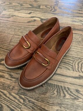 EuroSoft Lola Brown Leather Slip-On Loafers with Gold Buckle